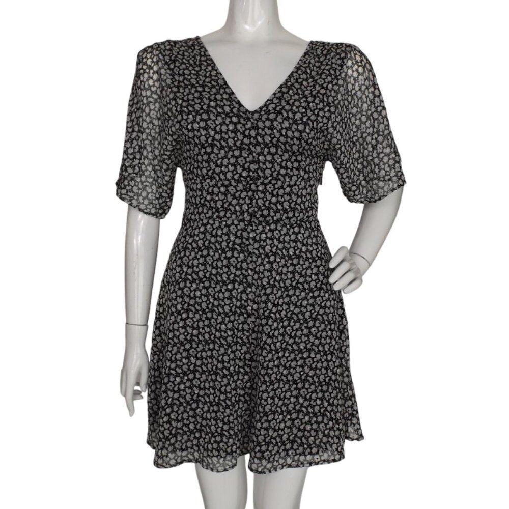 ALL SAINTS Mini Dress, 4, Black/White, Split Flutter Sleeve, V-neck, Sash/Belt